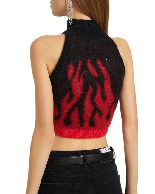 Alessandra Rich Red Flames Jacquard Knit Crop Top