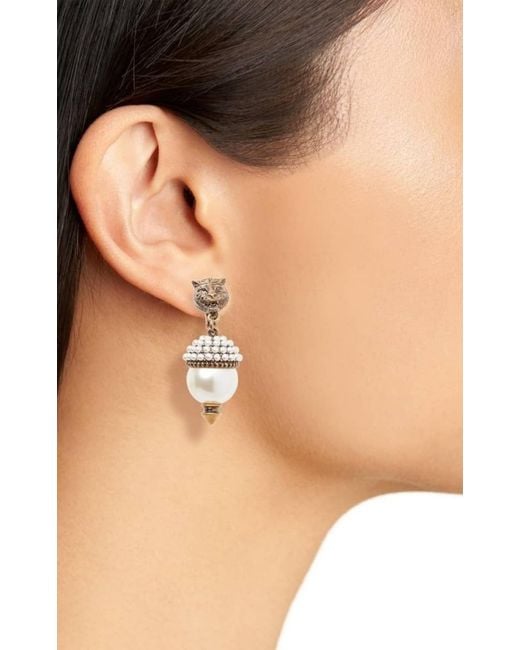 Gucci Metallic Feline Head Pearl Drop Earrings