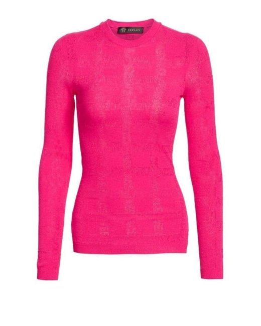 Versace Pink Perforated Logo Stretch Knit Sweater It 46 (us 10)