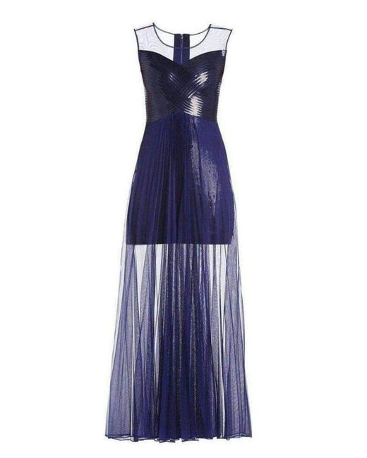 BCBGMAXAZRIA Blue Cynthia Sequinned Detail Sunburst Pleated Gown