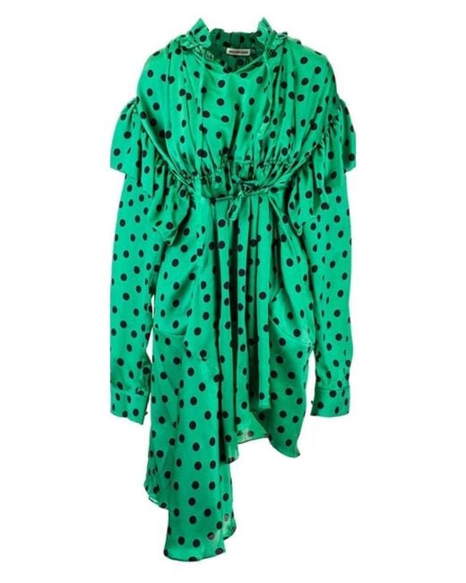 Balenciaga Green Polka Dot Print Long Sleeve Logo Jacquard Babydoll Dress