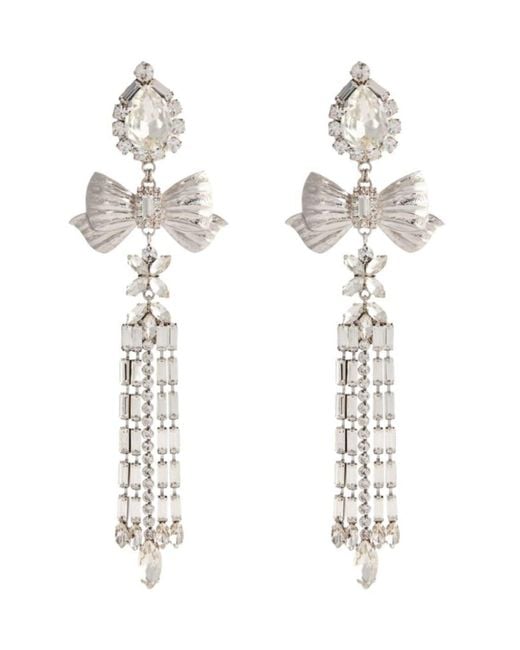Alessandra Rich White Crystal Bow Drop Clip-on Earrings