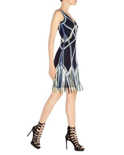 Hervé Léger Blue Charoletta Basket Weave Fringe Jacquard Dress