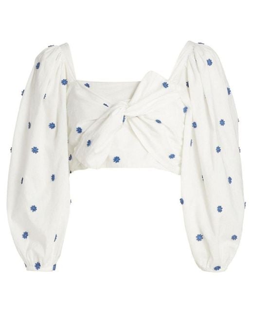 Farm Rio White Flower-embroidered Cotton Crop Top