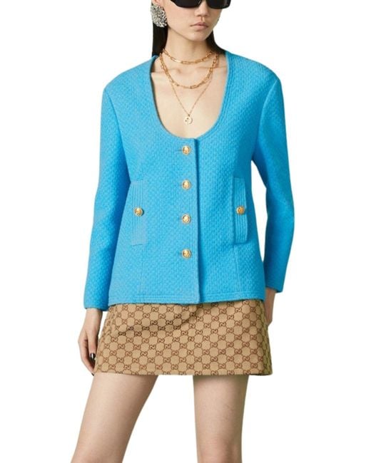 Gucci Blue Turquoise Cotton Tweed Jacket
