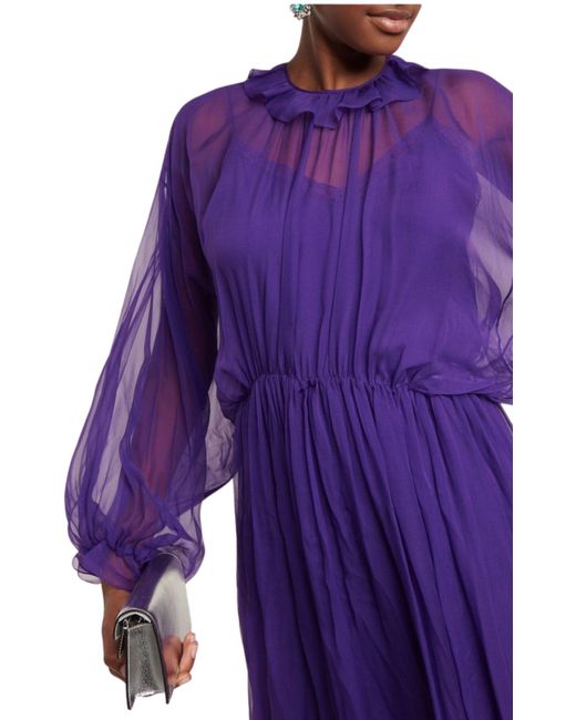 gucci purple dress 2004 Gucci by Tom Ford Pleated Purple Silk Bell Sleeve Cut-Out Dress