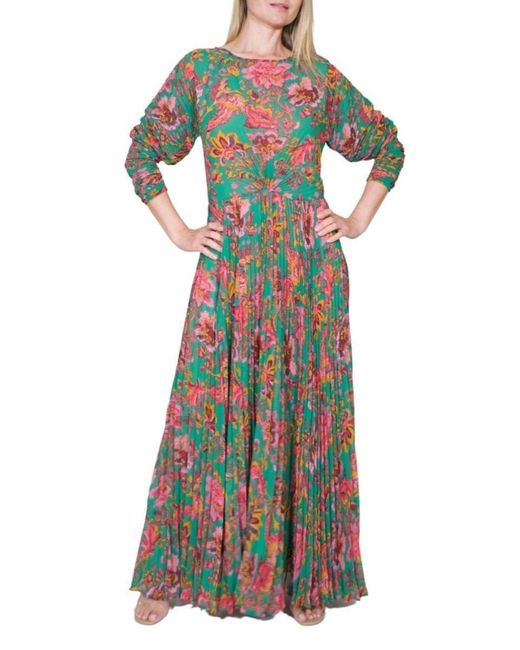 Etro Brown Ying Yang Micro-print Pleated Chiffon Gown It 44 ( Us 8 )