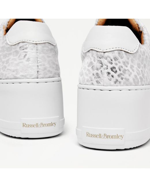 Russell & Bromley White Park Up Women's Silver Leather Leopard Print Laceless Flatform Sneakers