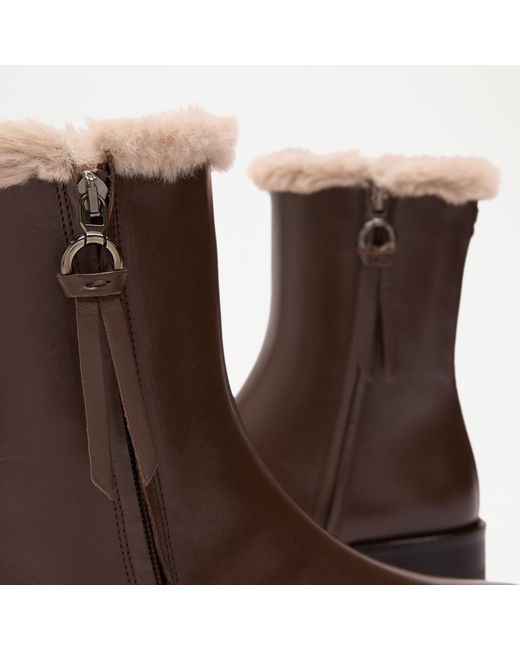 Russell & Bromley Zip Round Toe Faux Shearling Lined Boots, Brown, Calf Leather