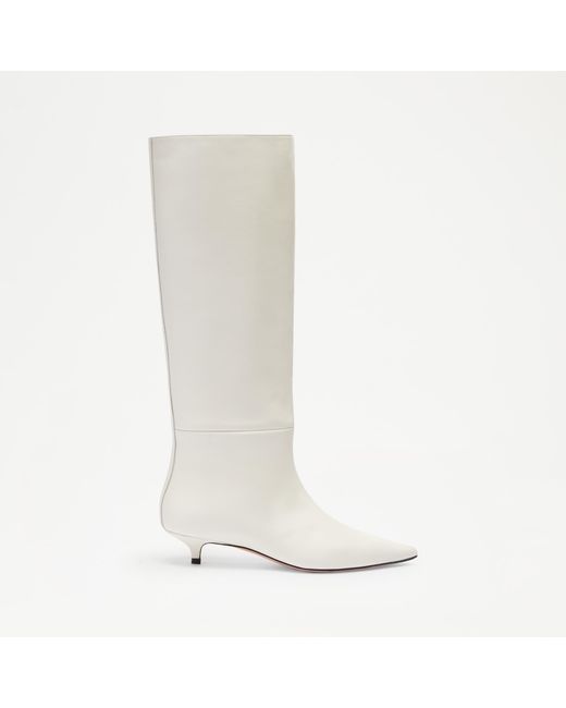 Russell & Bromley White Leather Sleek Kitten Heel Pull On Tube Boots