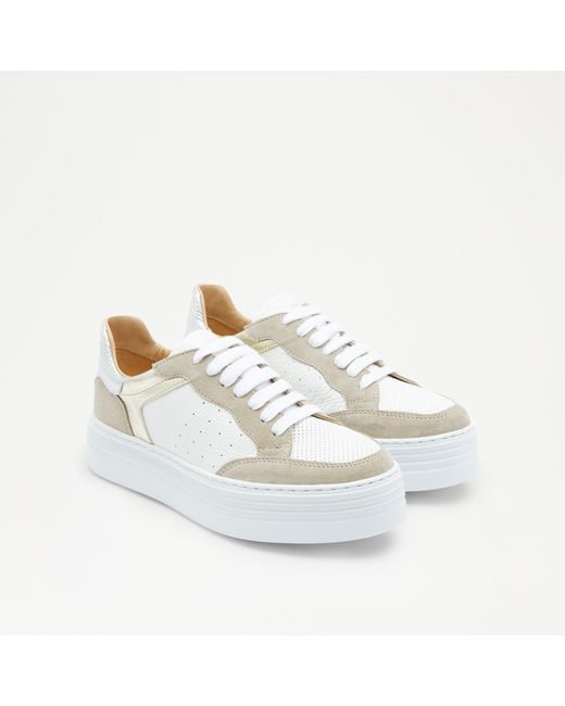 Russell & Bromley White Spirit Women's Beige Leather & Suede Colour Block Lace Up Flatform Sneakers