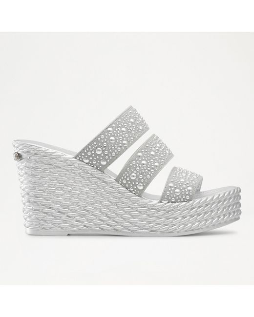 Russell & Bromley White Stella Women's Silver Embellished Triple Strap Wedge