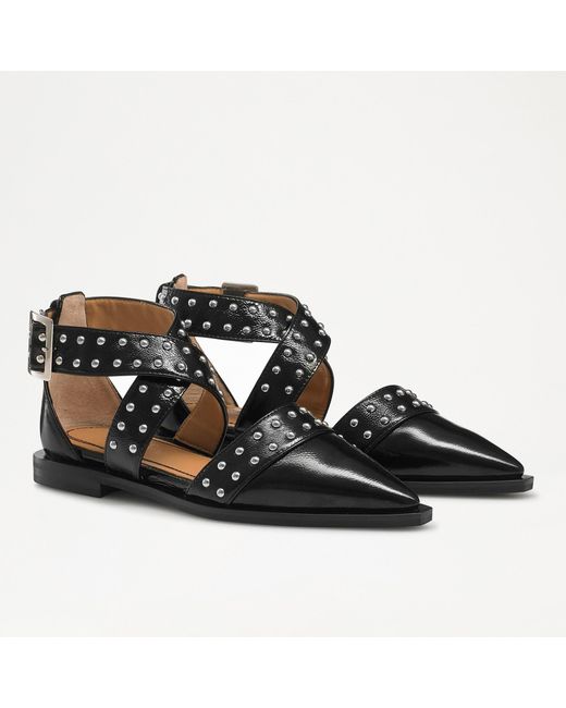 Russell & Bromley Izzy Women's Stud Embellished Pointed Toe Cross-ankle Buckle Strap Ballet Flats, Black, Naplak Leather