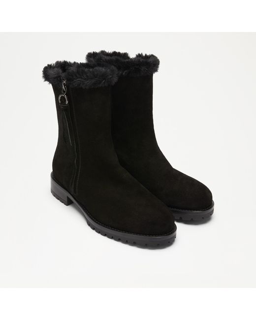 Russell & Bromley Lake Women's Black Suede Side- Zip Faux Fur Lined Boots