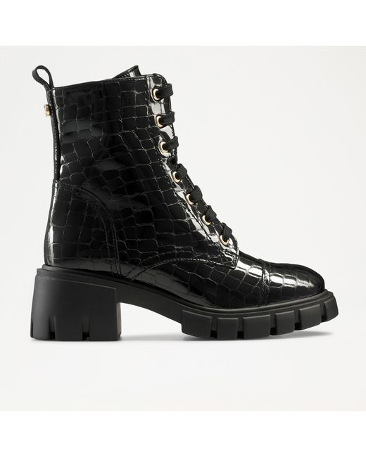 Russell & Bromley Laceabout Women's Black Leather Crocodile Print Round Toe Lace Up Boots
