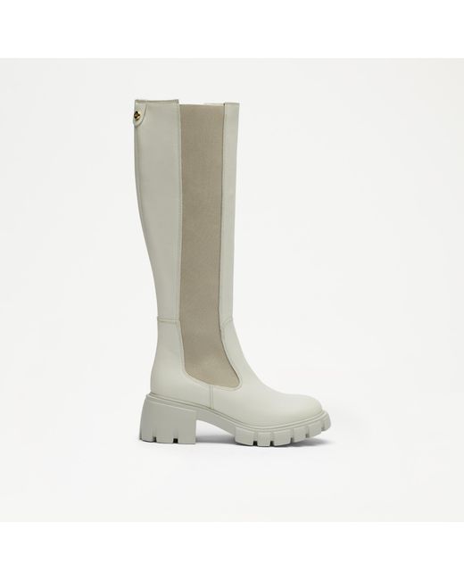 Russell & Bromley White Neutral Calf Leather Hi Round Toe Knee High Chelsea Boots