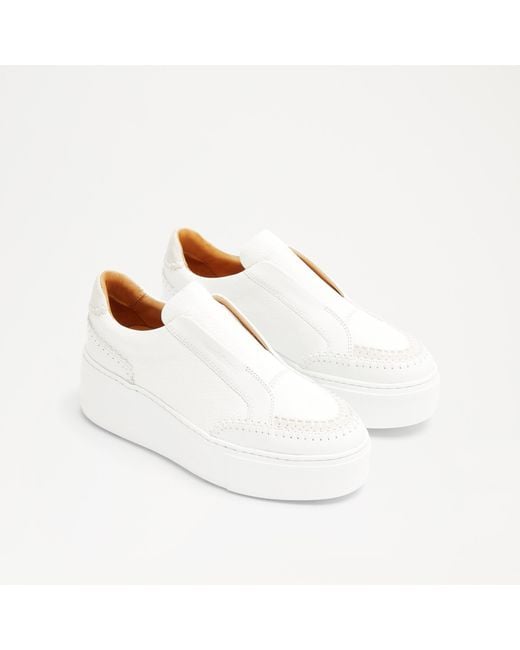 Russell & Bromley Park Line Women's White Leather Whip Stitch Laceless Sneakers