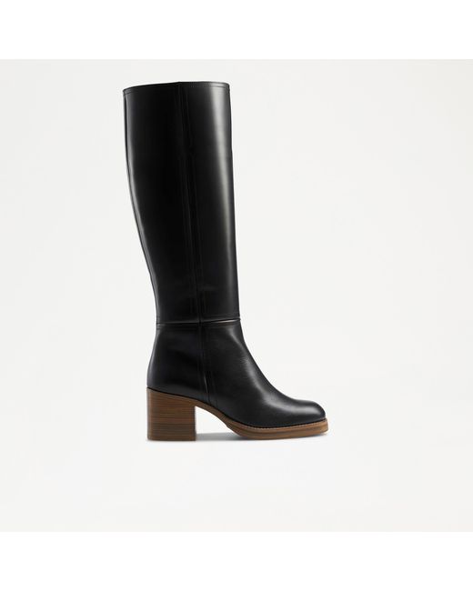Russell & Bromley Black Leather Gaucho Knee High Block Heel Boots