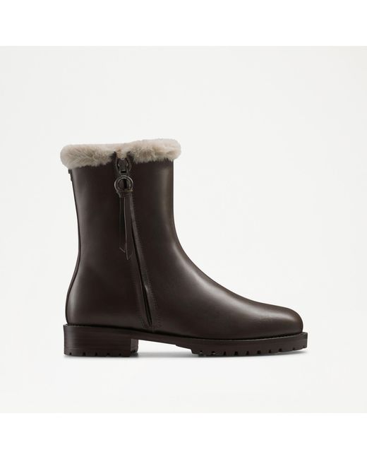 Russell & Bromley Lake Women's Side Zip Round Toe Faux Shearling Lined Boots, Brown, Calf Leather