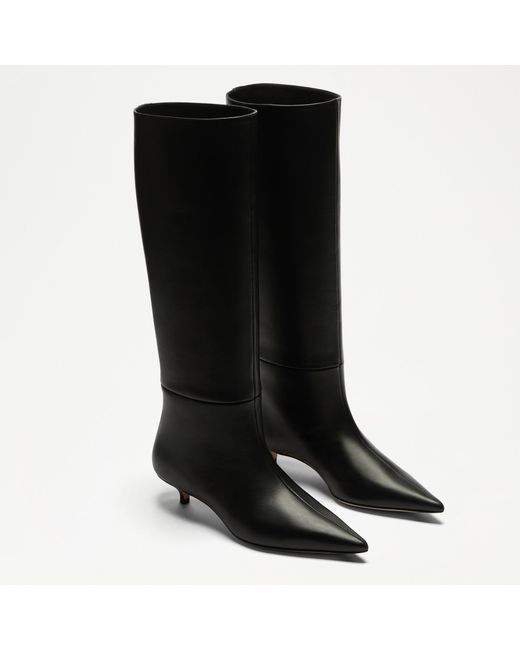 Russell & Bromley Black Leather Sleek Kitten Heel Pull On Tube Boots