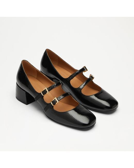Russell & Bromley Jane Women's Low Block Heel Round Toe Mary Jane Shoes, Black, Naplak Leather