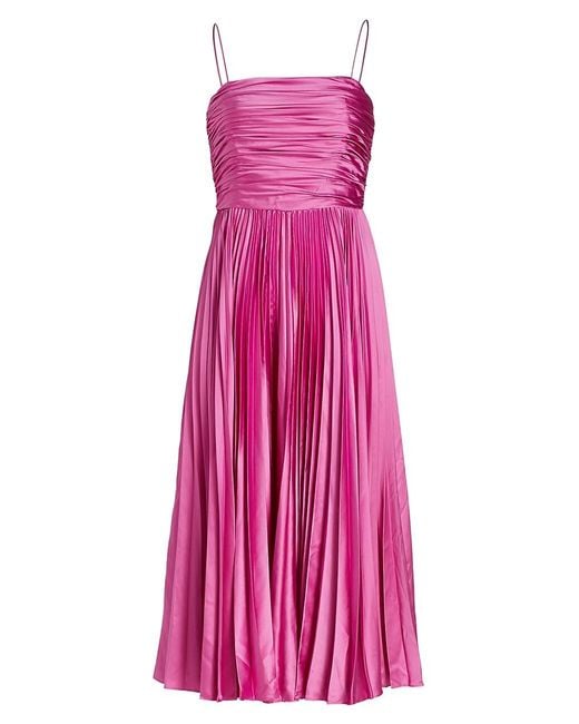 AMUR Heba Pleated Satin Midi-dress in Pink | Lyst
