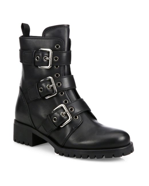 Prada Grommet Leather Combat Boots in Black | Lyst