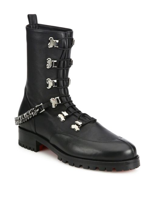 Christian louboutin Chain Leather Combat Boots in Black | Lyst
