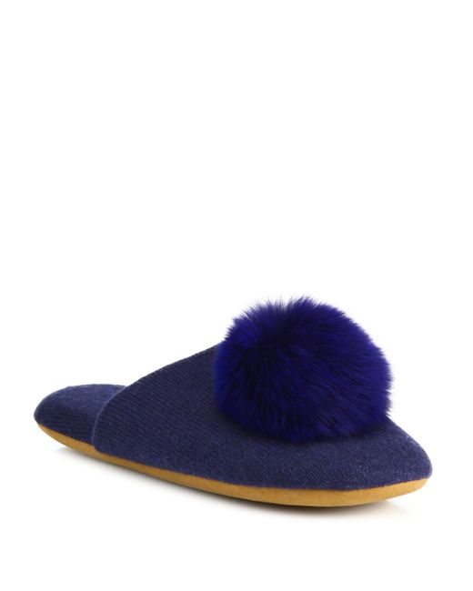 fur pom pom earrings prices Fox Cashmere & Slippers  Lyst Minnie rose in Blue  Pom pom Fur