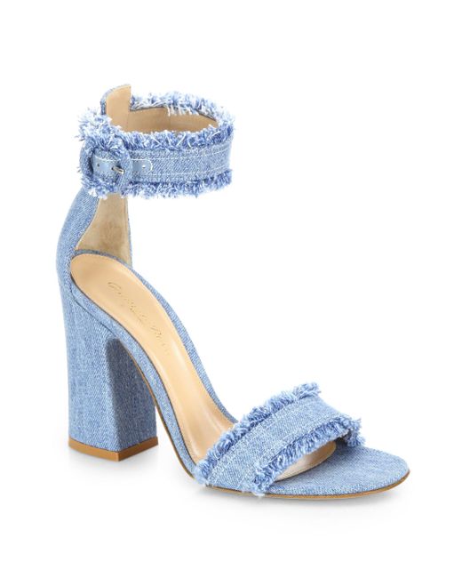 Gianvito rossi Kiki Frayed Denim Ankle-strap Block-heel Sandals in Blue ...
