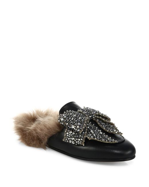 Gucci Princetown Jeweled Leather & Fur Loafer Slides in Black | Lyst