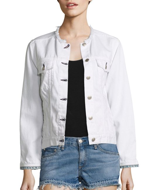 Frayed Collarless Denim Jacket in White 