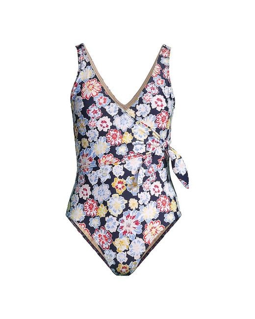 Tanya Taylor Synthetic Kelly Floral Wrap One-piece Swimsuit in Blue - Lyst