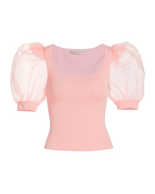 Alice + Olivia Abella Tulle Puff-sleeve Top in Pink | Lyst