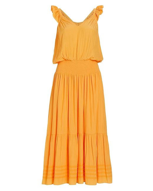 Ramy Brook Synthetic Chloe Smocked Midi Dress in Yellow | Lyst