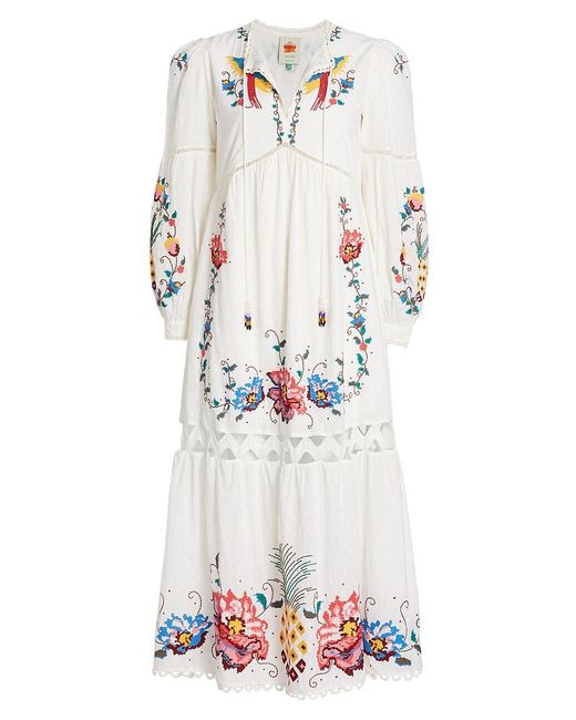 FARM Rio Cotton Macaw Crossstitch Embroidered Mididress in White Lyst