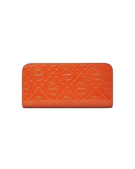 Tory Burch T Monogram Patent Leather Zip Wallet in Orange Lyst