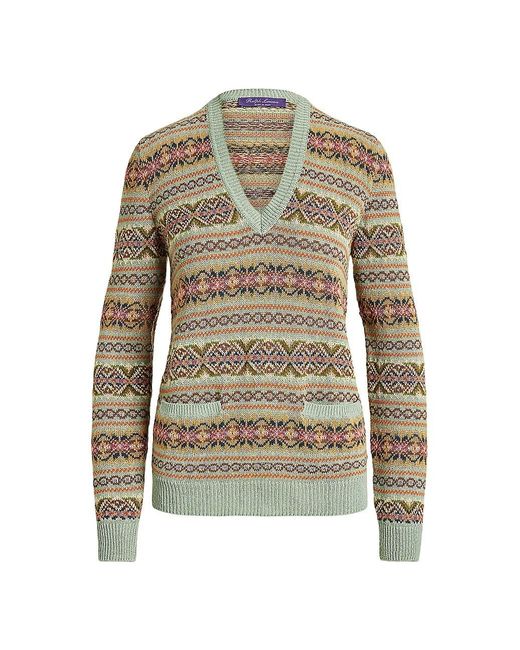 Ralph Lauren Collection V-neck Fair Isle Sweater in White | Lyst
