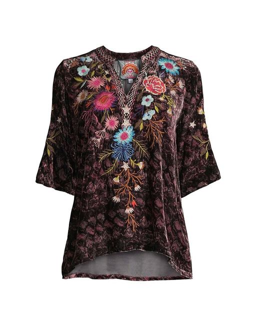 Johnny Was Ulla Embroidered Velvet Blouse in Natural | Lyst