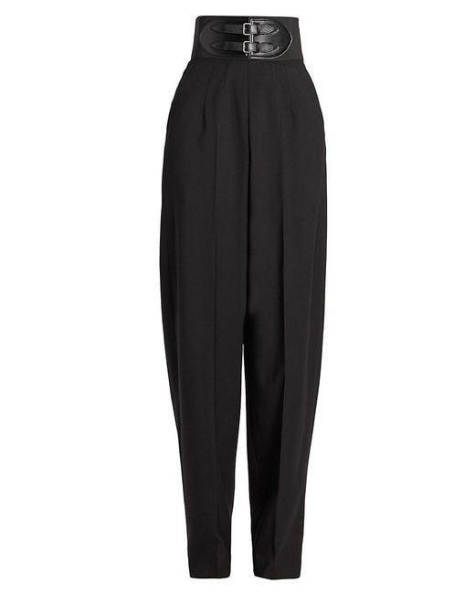 Alaïa Leather-belted Stretch Wool Tapered Pants in Black | Lyst