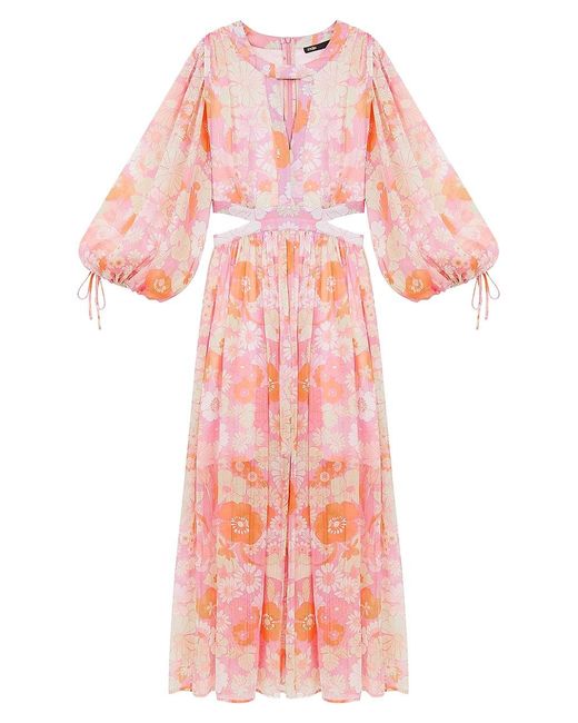 Maje Synthetic Floral Puff-sleeve Midi Dress in Pink | Lyst