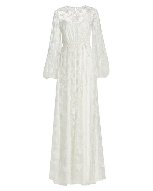 ML Monique Lhuillier Embroidered Tulle Long-sleeve Gown in Ivory (White ...