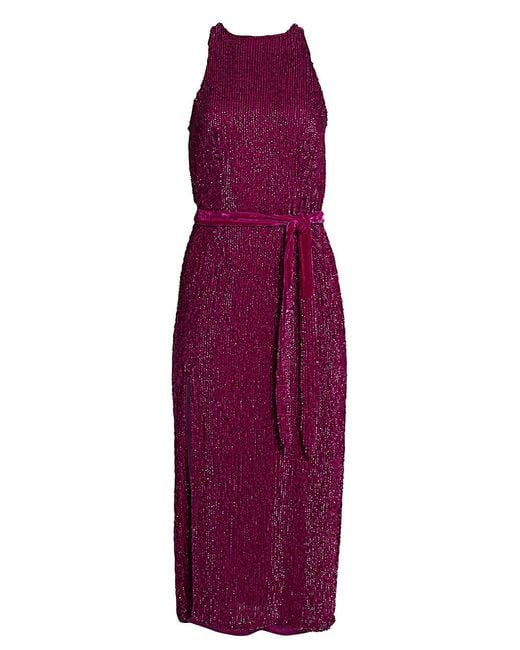 retroféte Velvet Tilly Sequin Tiesash Midi Dress in Magenta (Purple