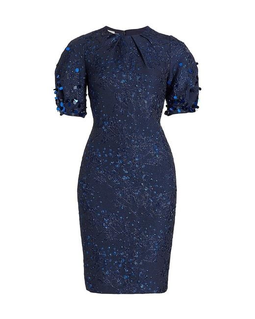 Teri Jon Synthetic Sequined Puff-sleeve Sheath Dress in Navy (Blue) | Lyst