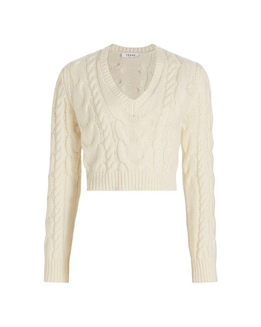 Frame Wool Cropped Cable Knit V Neck Sweater In White Lyst