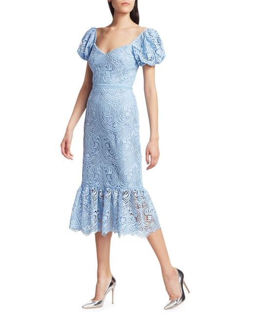 ML Monique Lhuillier Lace Puff-sleeve Midi Dress in French Blue (Blue ...