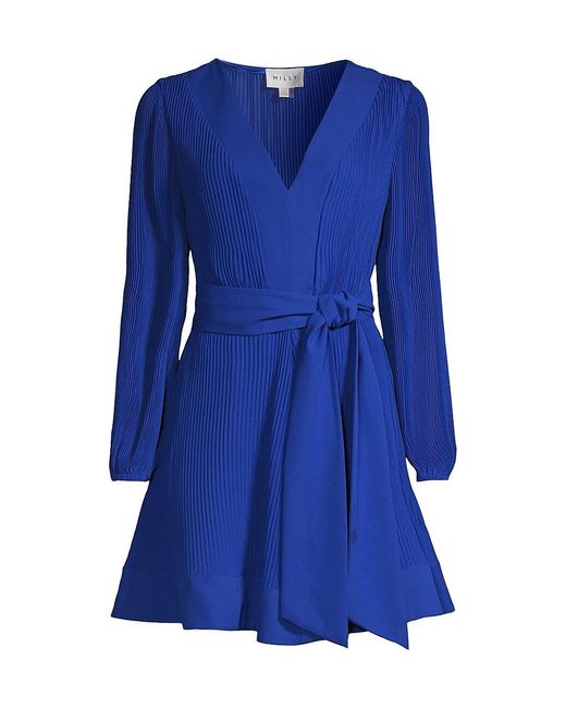 MILLY Synthetic Liv Pleated Belted Dress in Cobalt (Blue) | Lyst
