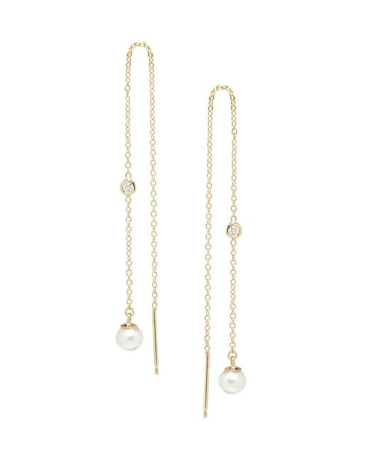 Zoe Chicco 14k Yellow Gold, 4mm Pearl & Diamond Long Threader Earrings ...