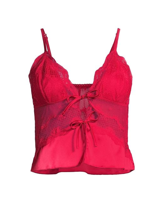 KAT THE LABEL Lucille Lacetrim Satin Tiefront Camisole in Red Lyst