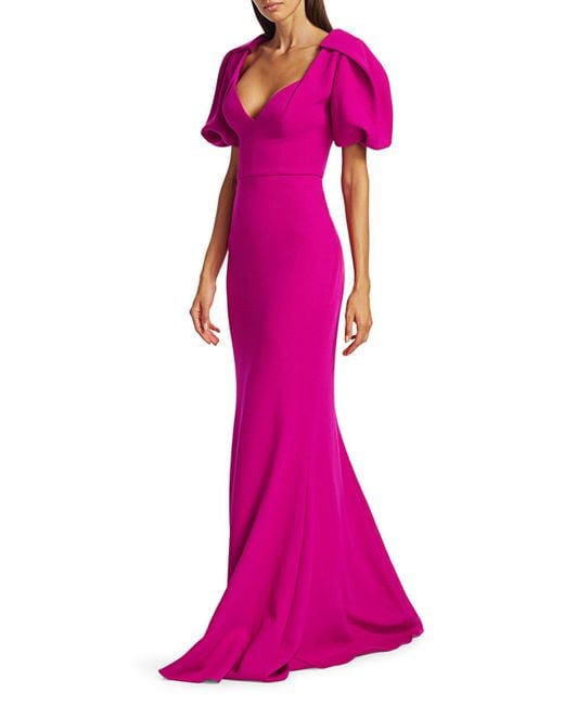 Badgley Mischka Synthetic Puff-sleeve Trumpet Gown in Hot Fuchsia ...